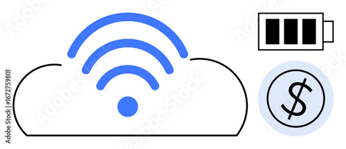 Cloud with a wireless signal, battery icon, and dollar sign to represent connectivity, cost, and sustainability. Ideal for technology, finances, cloud computing, power efficiency wireless