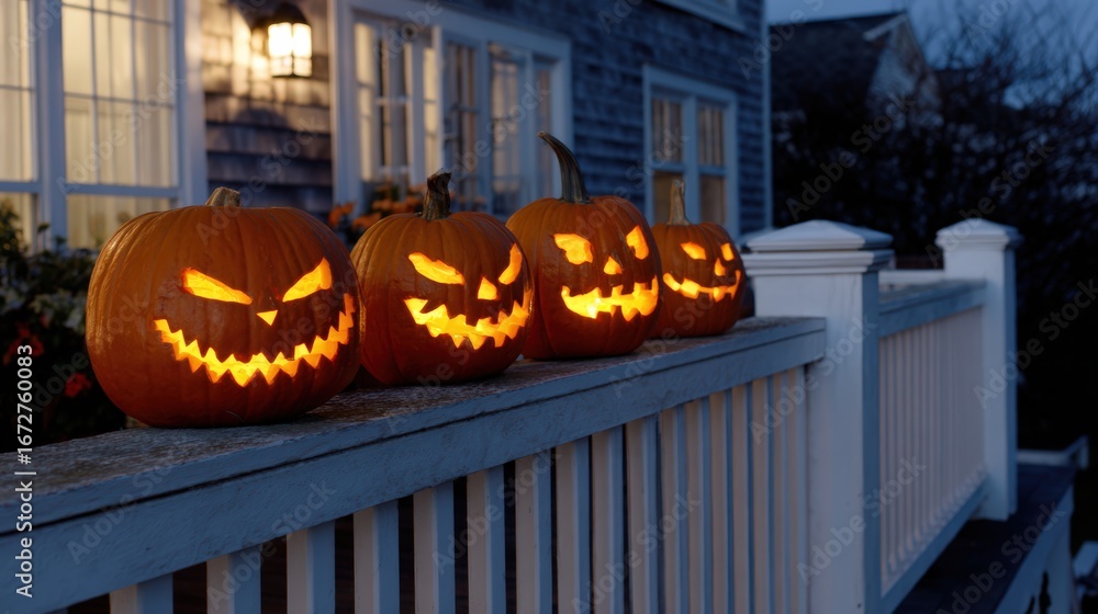 Obraz premium Four carved pumpkins on a porch railing, illuminated with a spooky glow. The house in the background adds to the eerie atmosphere of the scene