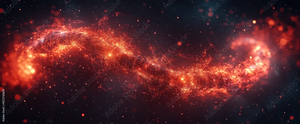 Obraz premium Fiery cosmic river swirls through dark space, glowing embers and dust