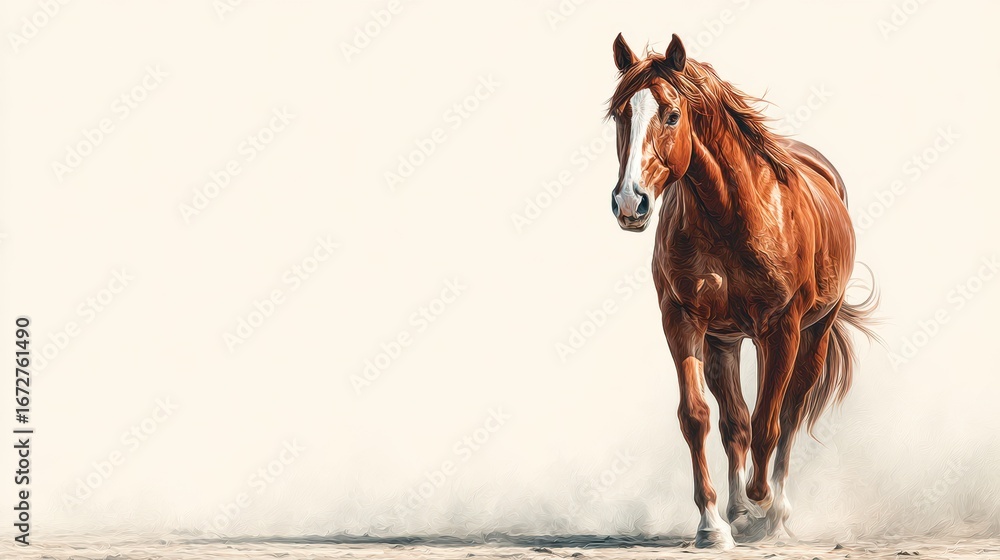 Fototapeta premium Chestnut horse running through sandy terrain in golden light during late afternoon