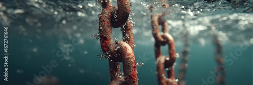 Rusty chains submerged in clear water with bubbles rising, showcasing underwater textures and reflections in tranquil surroundings