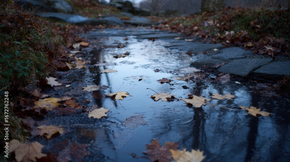 Obraz premium A moody scene of a puddle on a stone pathway, reflecting the overcast sky and fallen leaves