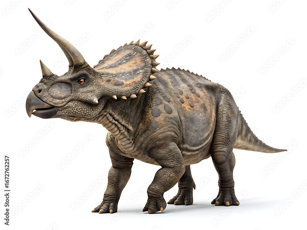 Fototapeta premium A detailed full body rendering of a triceratops dinosaur against a plain white background studio shot