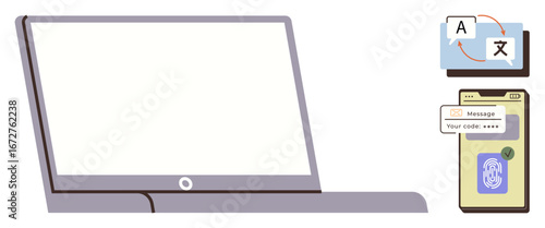 Laptop with blank screen, smartphone showing a message with code and fingerprint lock, digital language translation. Ideal for technology, communication, security, multilingual tools, app design