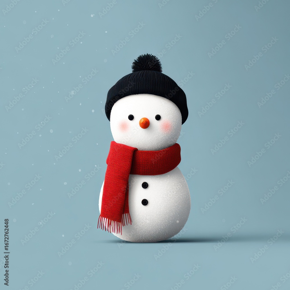 Fototapeta premium Snowman wearing a black hat and a red scarf stands against a light blue background during winter