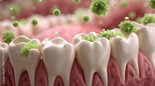 3D animation video of human teeth with bacteria slowly being healed, green antibacterial effect spreading, cinematic medical visualization, hyper-realistic textures, educational dental health demonstr