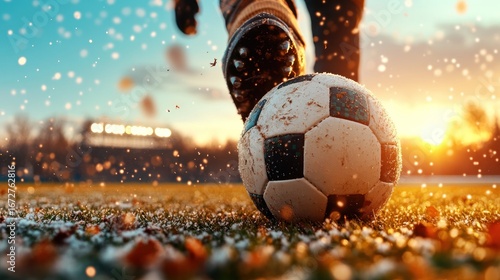 Soccer player kicking ball, close-up, sunset, snowy field