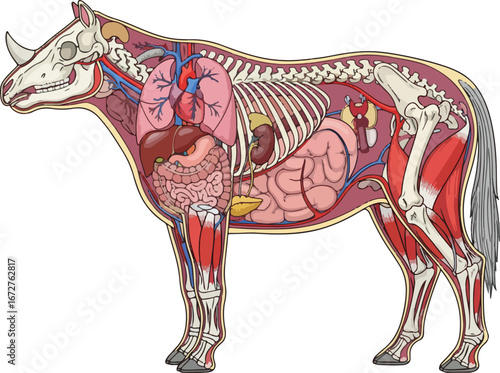 Detailed cross-section of a rhino showing its skeletal muscle and internal organ systems for education