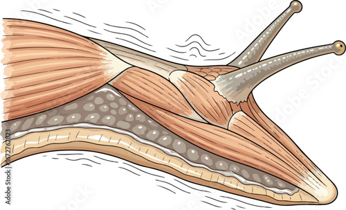 Detailed cross-section of a slug showing its internal muscular and soft tissue structure for biology study