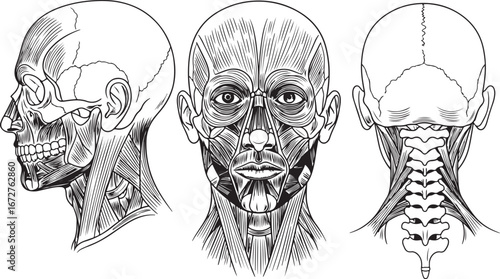 Detailed human head and neck anatomy showing muscles and skeletal structure from multiple angles.
