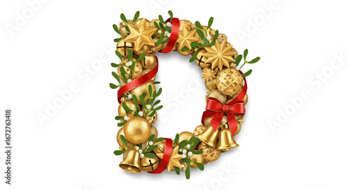 Alphabet letters in the christmas theme christmas vector christmas letter d image with golden ornaments bells stars ribbon and mistletoe holiday decoration design