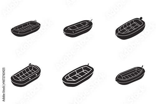 Collection of black and white raft icons offering a diverse set of inflatable boats for various water activities adventure and recreation