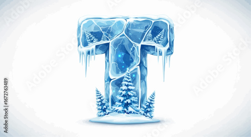 Alphabet letters in the christmas theme christmas vector ice letter t with winter trees and icicles vector illustration for christmas and new year designs 100