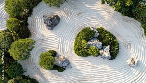 Aerial view of serene zen garden, raked sand patterns, lush greenery, tranquil setting, ideal for meditation or relaxation