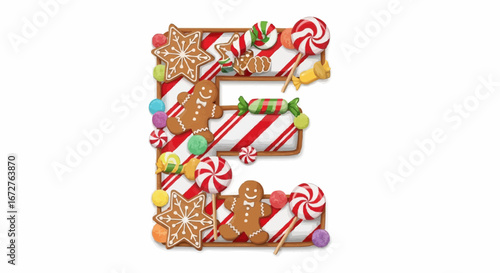 Alphabet letters in the christmas theme christmas vector letter e christmas candy cane gingerbread cookies and sweets festive holiday season alphabet design illustration