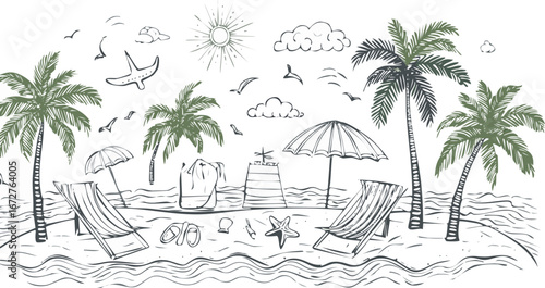 Dreamy Beach Day: A serene beach scene sketch, capturing the essence of a perfect summer day with lush palm trees, inviting sunshades, and gentle waves.