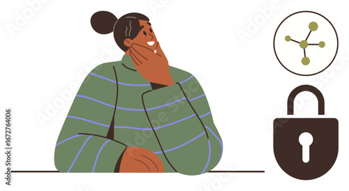 Person contemplating ideas while interconnected dots represent connectivity and padlock symbolizes security. Ideal for decision-making, problem-solving, creativity, security, technology, innovation
