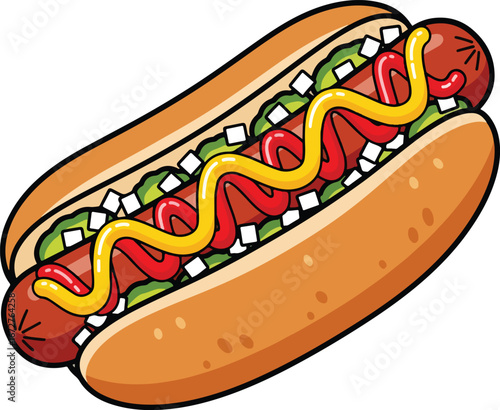 A simplified hot dog with a thick wavy line of mustard ketchup and relish