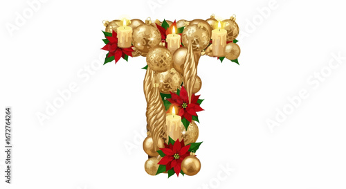 Alphabet letters in the christmas theme christmas vector christmas letter t decorated with golden ornaments poinsettia and candles holiday season decoration