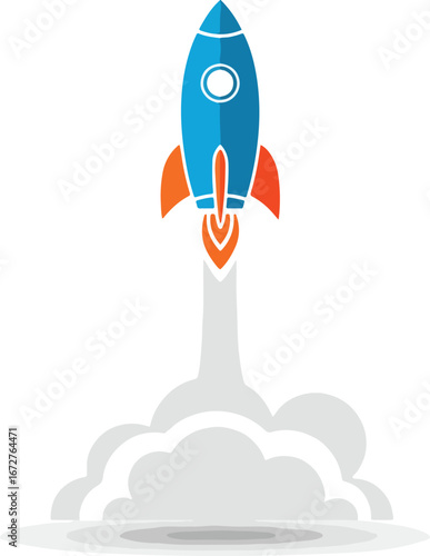 A blue and orange stylized rocket ship launching upwards with gray clouds of smoke.
