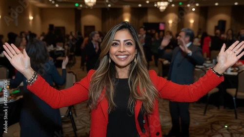Confident woman in red blazer smiles broadly with arms outstretched at corporate event for leadership achievement professional success and networking concept