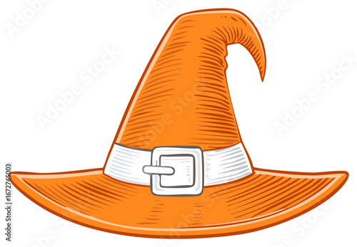 Orange witch hat with white buckle and band festive costume accessory