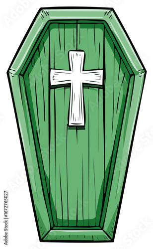 Green wooden coffin with a white cross, cartoon style, isolated on white