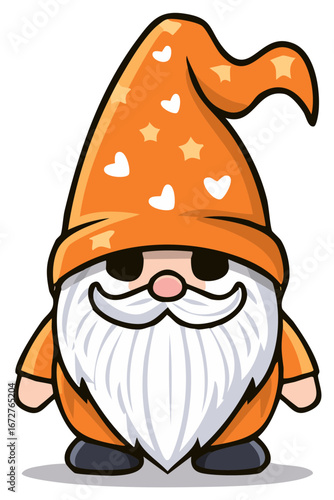 Adorable garden gnome character with a long white beard and an orange hat decorated with hearts and stars.