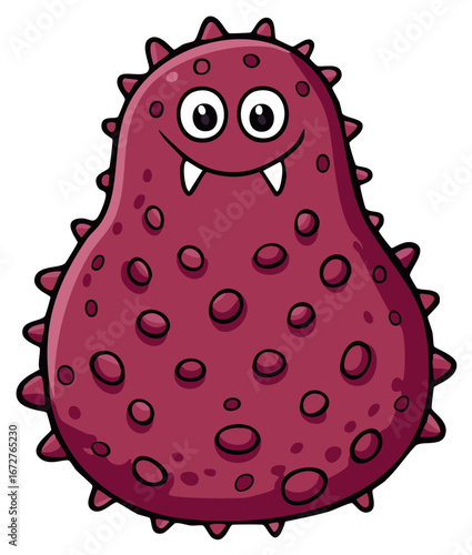 Cute cartoon monster with fangs and spikes smiling happily, resembling a friendly germ or virus character.