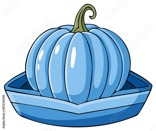 Blue Pumpkin in a Matching Blue Dish Illustration for Halloween Thanksgiving Decorations