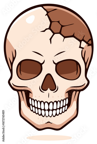 Cartoon style skull with cracked head and evil eyes, spooky halloween symbol or decoration, vector graphic