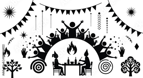 A lively celebration with people dancing and enjoying a bonfire, decorated with festive banners and confetti.