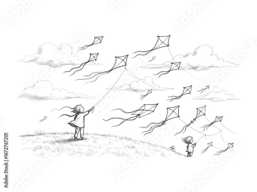 Childhood Flight: A nostalgic pen and ink illustration captures a whimsical scene of children joyfully flying kites amidst a dreamy, cloud-filled sky, evoking a sense of freedom and lightheartedness.