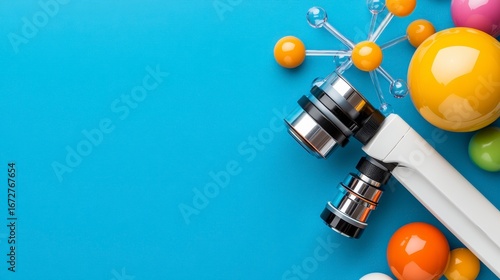 Colorful Science Equipment with Decorative Balls on Blue Background