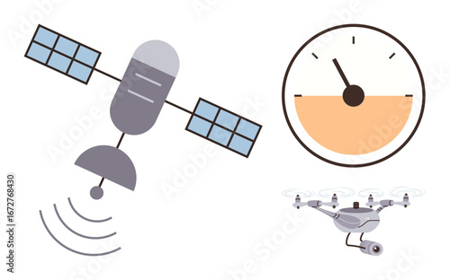 Satellite emitting signals, a detailed drone, and a sleek speedometer design. Ideal for communication, innovation, technology, connectivity, aerospace remote operation and network concepts. Simple