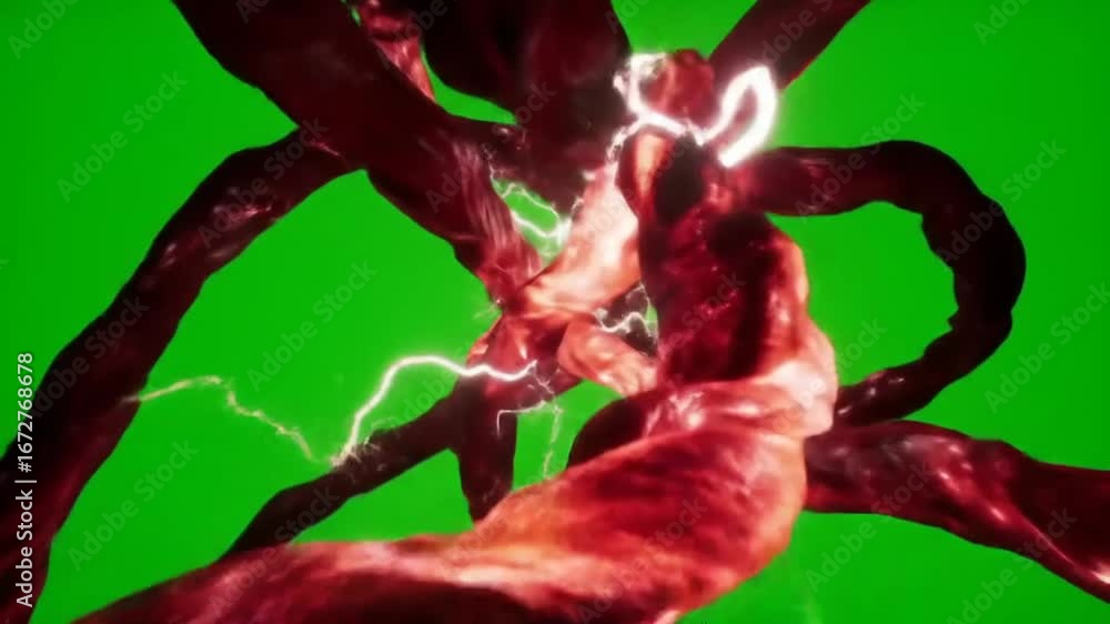 Veined red organic strands twist around each other over a green screen background, emanating a central light source