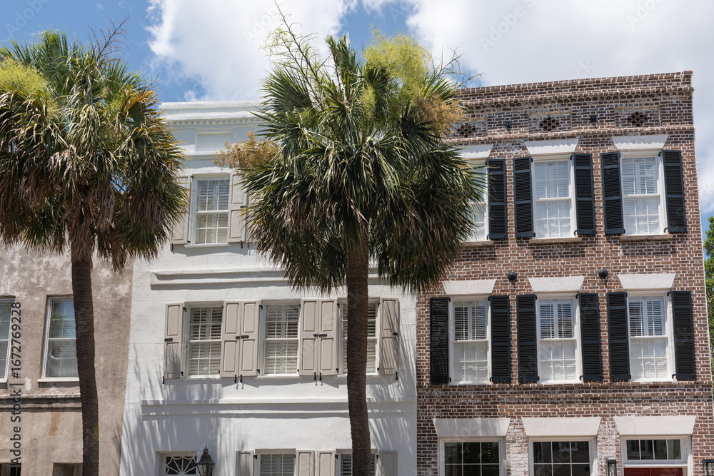 Naklejka premium Charleston, South Carolina, USA - July 2, 2025: Traditional brick and stucco homes with palm trees showcasing the city s classic architecture.