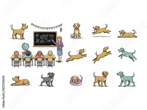 School Day Fun: Adorable illustrated scene featuring happy students, a teacher, and playful dogs in a bright, colorful environment. Capturing the joy of learning and the special bond.