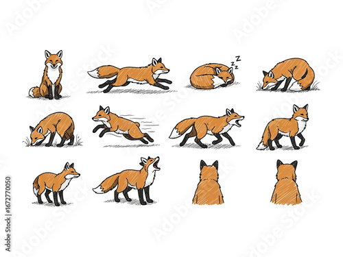 Fox Life Cycle: A collection of stylized illustrations that capture the essence of a fox, showcasing various activities from rest to pursuit, in a dynamic display.