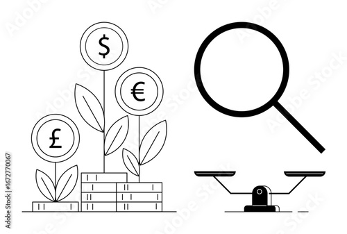 Growing plants with currency symbols on coins, stacked money, magnifying glass, and balance scales. Ideal for finance, investment, growth, economy research balance success. Simple flat metaphor