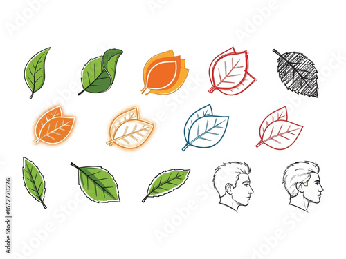 Leaf and Side Profile Set: An artistic arrangement of leaves, presented in a palette of green and orange, with a line art profile of an individual, invites viewers to appreciate natural elegance