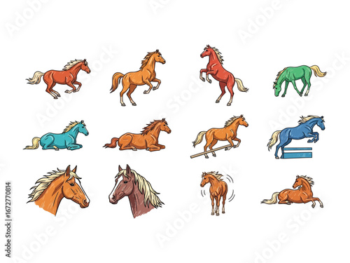 A Collection of Horses in Action: A vibrant collection of horses in various poses, showcasing the elegance, power, and grace of equine movement, offering a visual feast for enthusiasts and admirers.