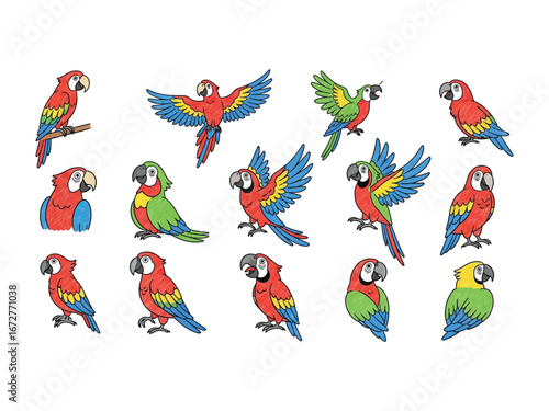 Parrot Paradise: A vibrant collection of beautifully illustrated parrots bursts with color and life, showcasing the beauty of avian diversity in a stunning display.