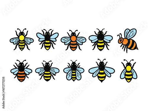 Buzzing with Life: A captivating illustration showcases a collection of meticulously designed bees, each showcasing unique patterns and vibrancy, ready to pollinate and enchant.