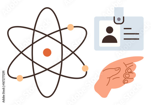 Atomic model with electrons and nucleus, ID card with profile details, hand pointing to indicate focus. Ideal for science, identity, education, discovery, security research chemistry. Simple flat