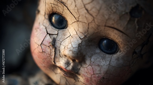 Close up of a cracked doll face with large eyes showing signs of damage and deterioration halloween art