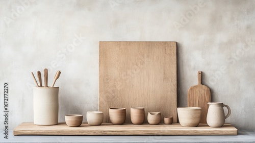 Wooden shelf displays pottery, utensils, and cutting boards.  Neutral tones and minimalist aesthetic