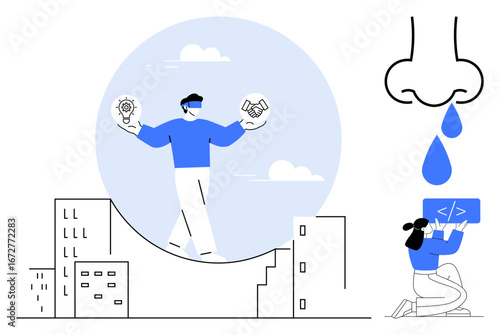 Man balancing lightbulb and handshake icons over buildings, large nose dripping liquid, woman coding on laptop. Ideal for innovation, balance, cooperation, creativity, technology, coding simple