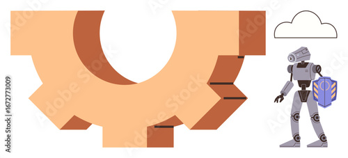 Orange gear, humanoid robot holding shield, cloud symbolizing integration, innovation, security, AI, teamwork. Ideal for robotics, technology automation industry protection progress simple flat