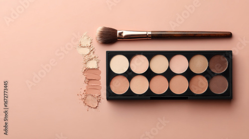 Cosmetic palette featuring various shades of beige, accompanied by makeup brush, creates perfect setup for beauty enthusiasts